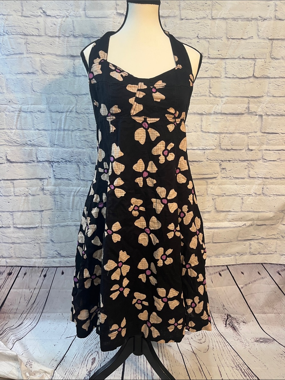 Free People Keepsake Halter Dress Black Abstract Floral Size XL Boho